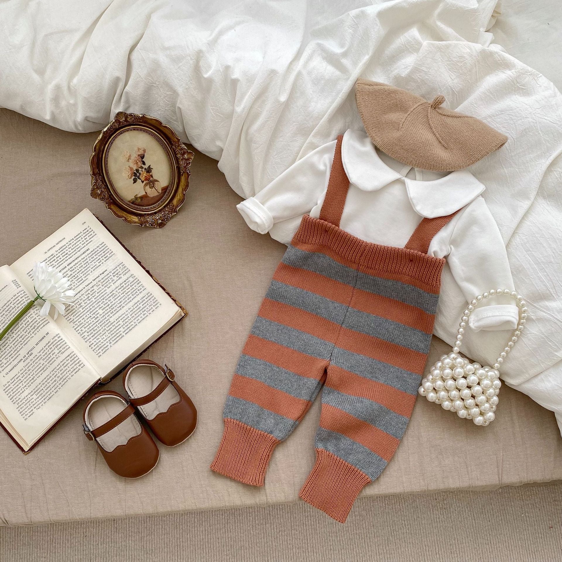 Autumn Newborn Striped Overalls Combo Blouses Sets in coffee color, featuring a stylish striped design for baby girls.