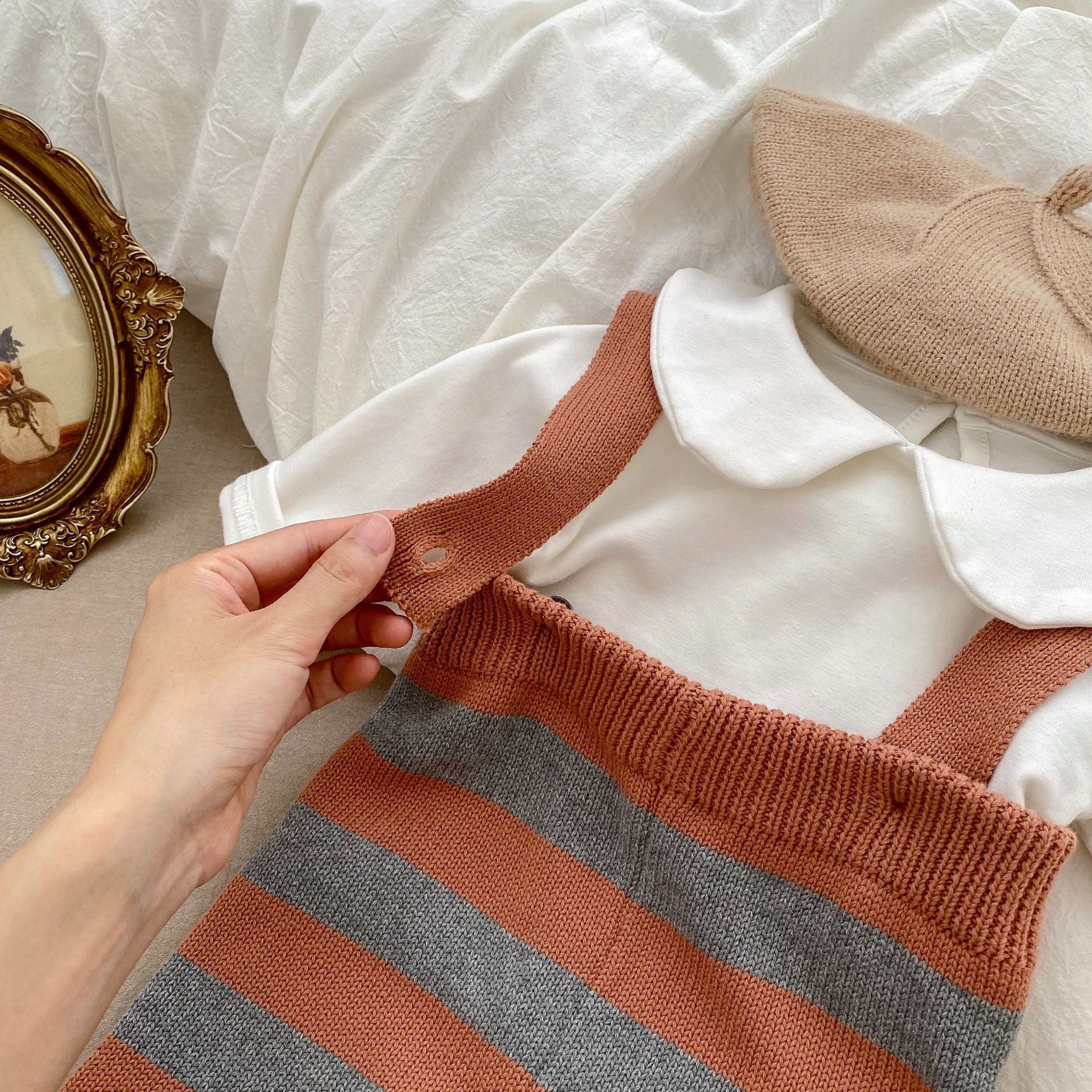 Autumn Newborn Striped Overalls Combo Blouses Sets in coffee color, featuring a stylish striped design for baby girls.