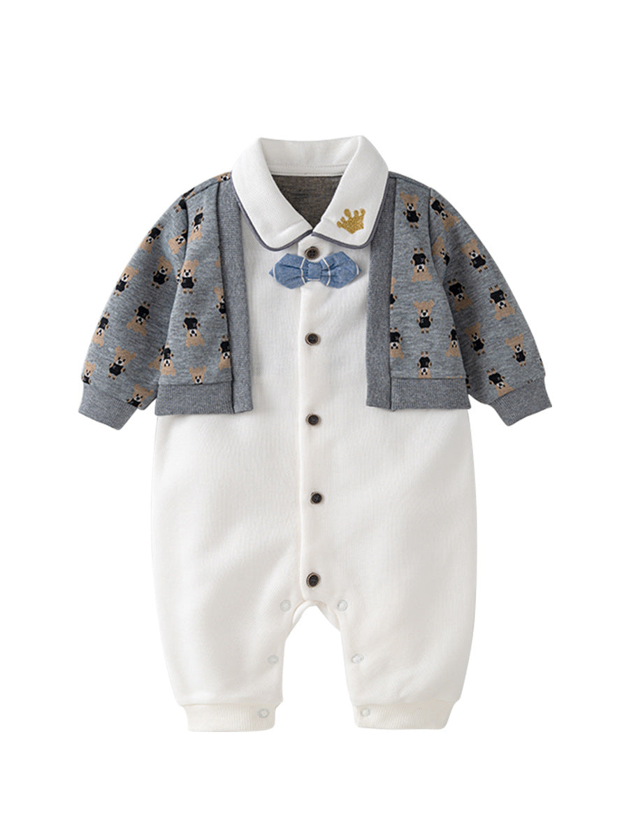 Grey Autumn One Piece Romper for Baby Boy with patchwork design, made from soft cotton, suitable for ages 3-24 months.