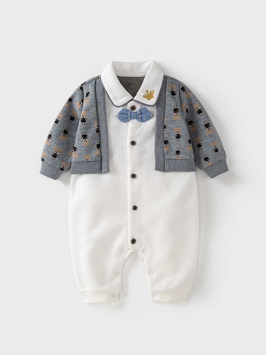 Grey Autumn One Piece Romper for Baby Boy with patchwork design, made from soft cotton, suitable for ages 3-24 months.