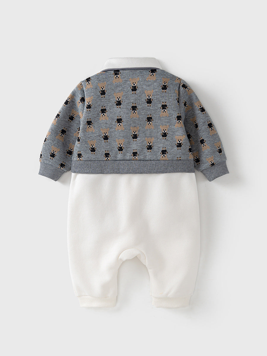 Grey Autumn One Piece Romper for Baby Boy with patchwork design, made from soft cotton, suitable for ages 3-24 months.