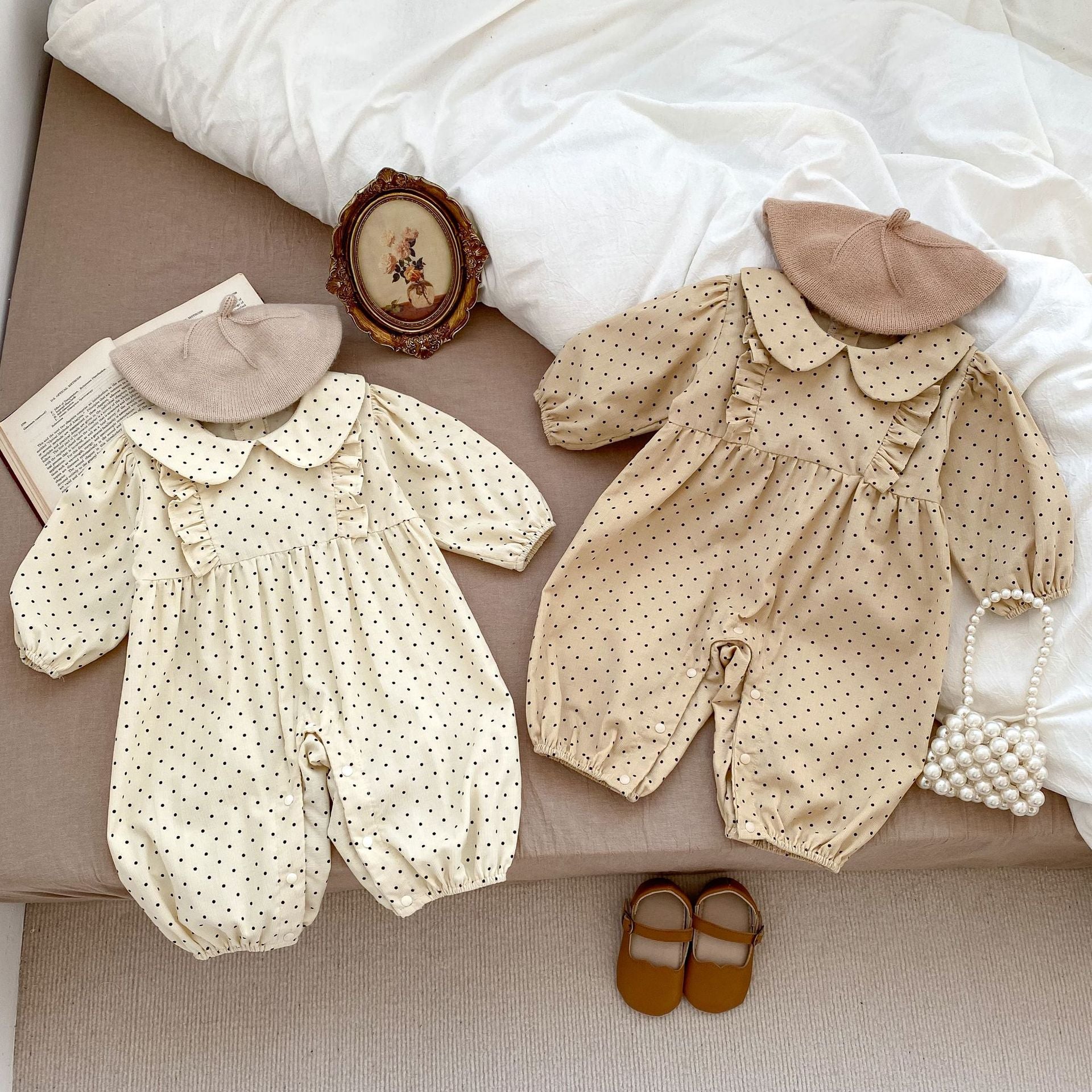 Autumn Polka Dot Pattern Round Neck Rompers for baby girls in beige and brown colors, made of soft cotton fabric.