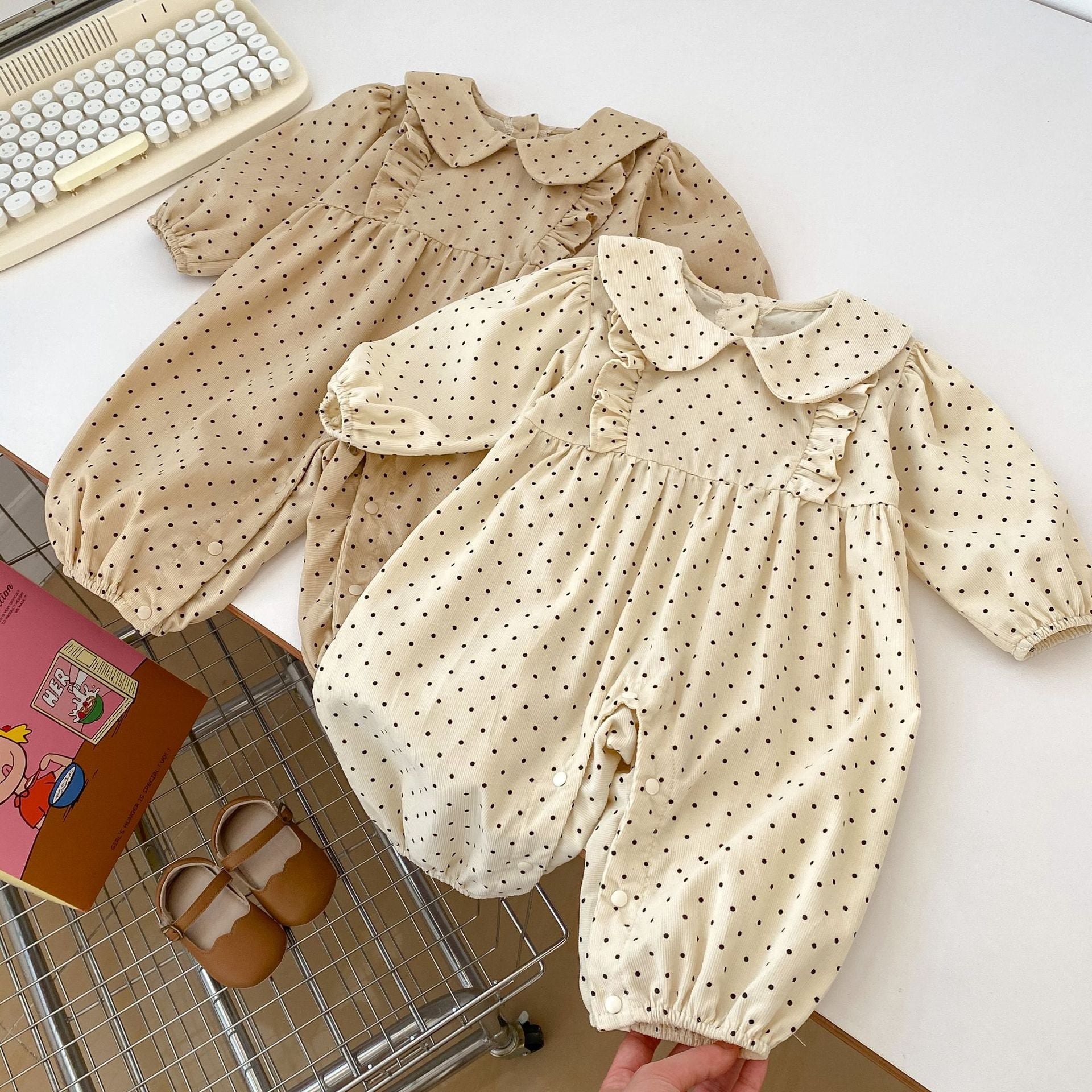 Autumn Polka Dot Pattern Round Neck Rompers for baby girls in beige and brown colors, made of soft cotton fabric.