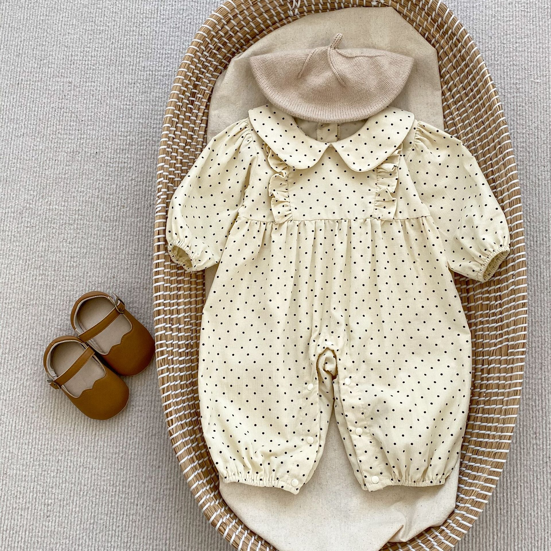 Autumn Polka Dot Pattern Round Neck Rompers for baby girls in beige and brown colors, made of soft cotton fabric.