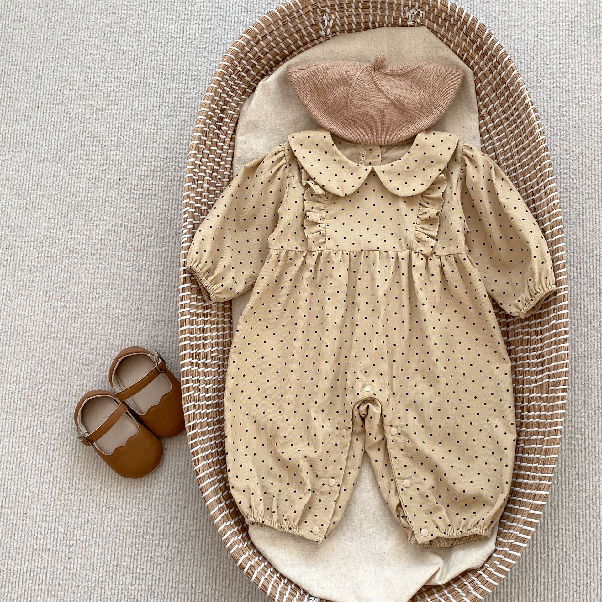 Autumn Polka Dot Pattern Round Neck Rompers for baby girls in beige and brown colors, made of soft cotton fabric.