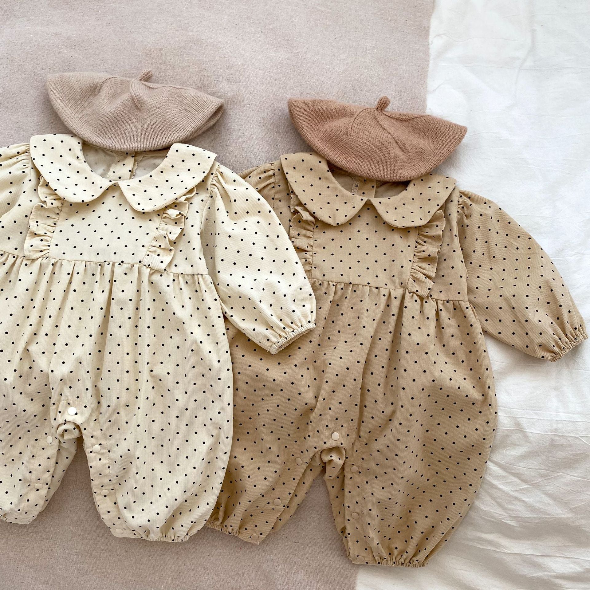 Autumn Polka Dot Pattern Round Neck Rompers for baby girls in beige and brown colors, made of soft cotton fabric.