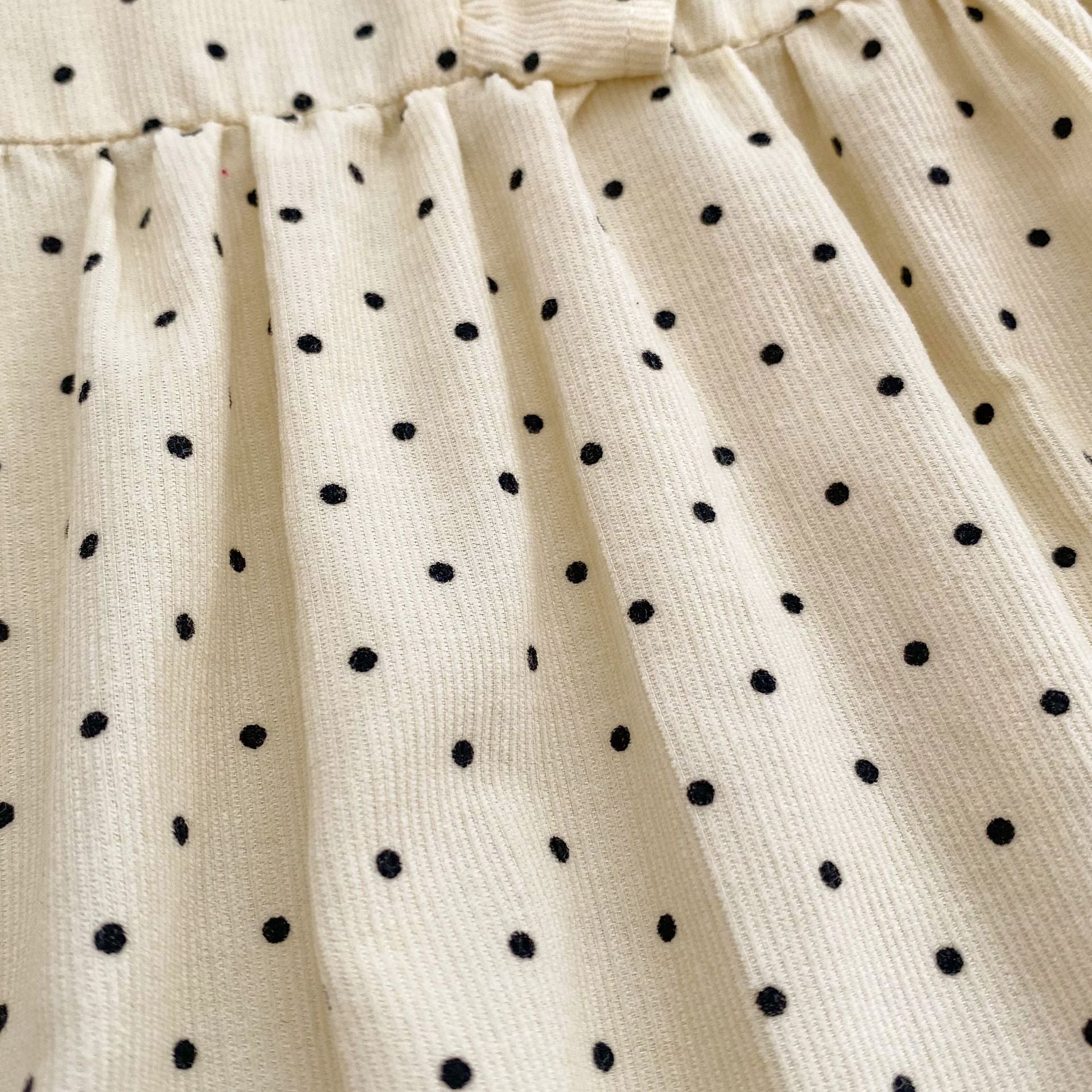 Autumn Polka Dot Pattern Round Neck Rompers for baby girls in beige and brown colors, made of soft cotton fabric.