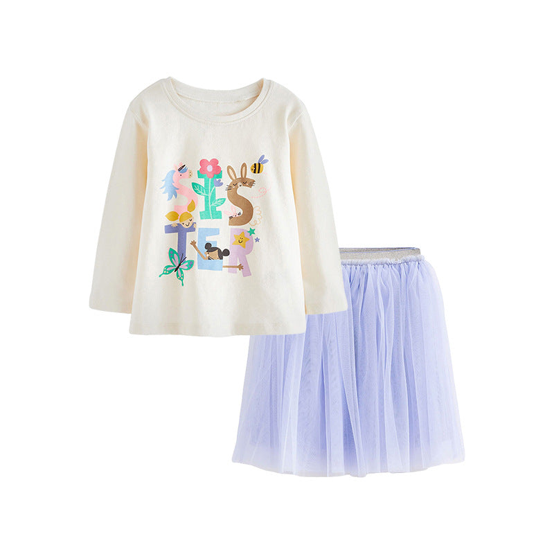 A blue autumn print hoodie paired with a lace skirt set for baby girls and girls, showcasing a stylish and comfortable outfit.