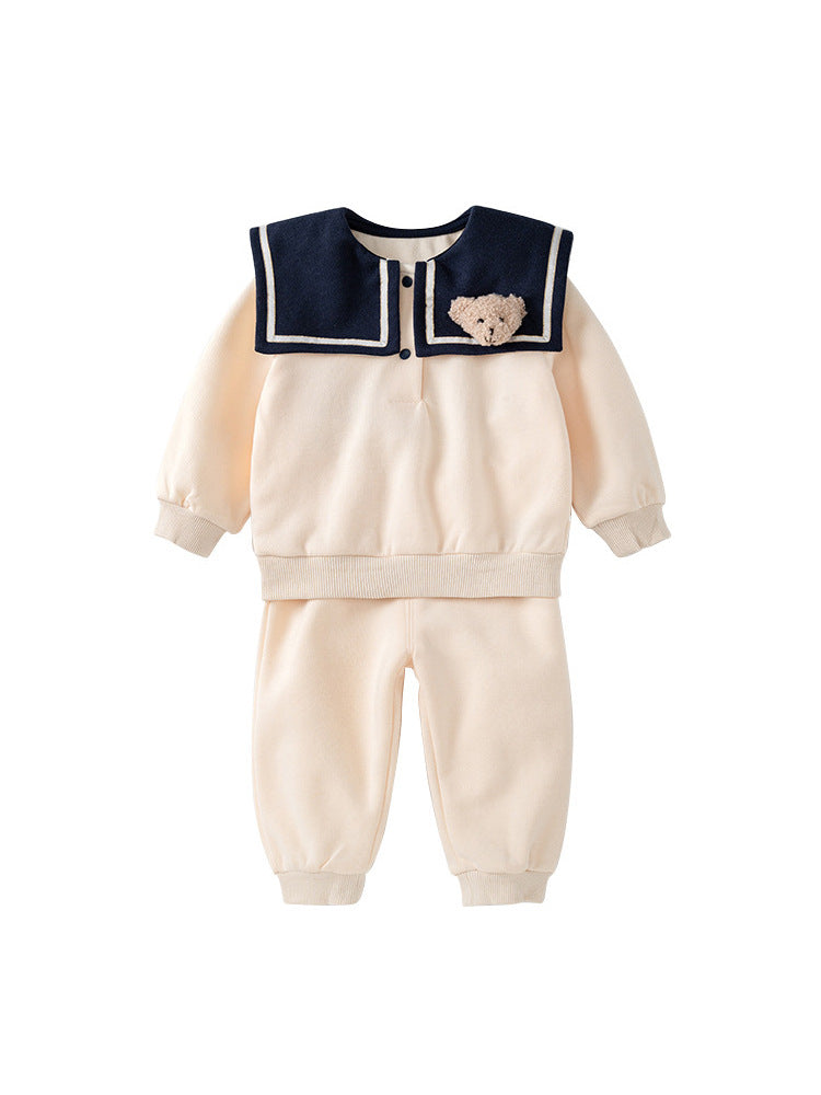 Autumn Sailor Collar Hoodie Combo Trousers Clothing Sets in beige, featuring a sailor collar and cartoon pattern, suitable for boys and girls.