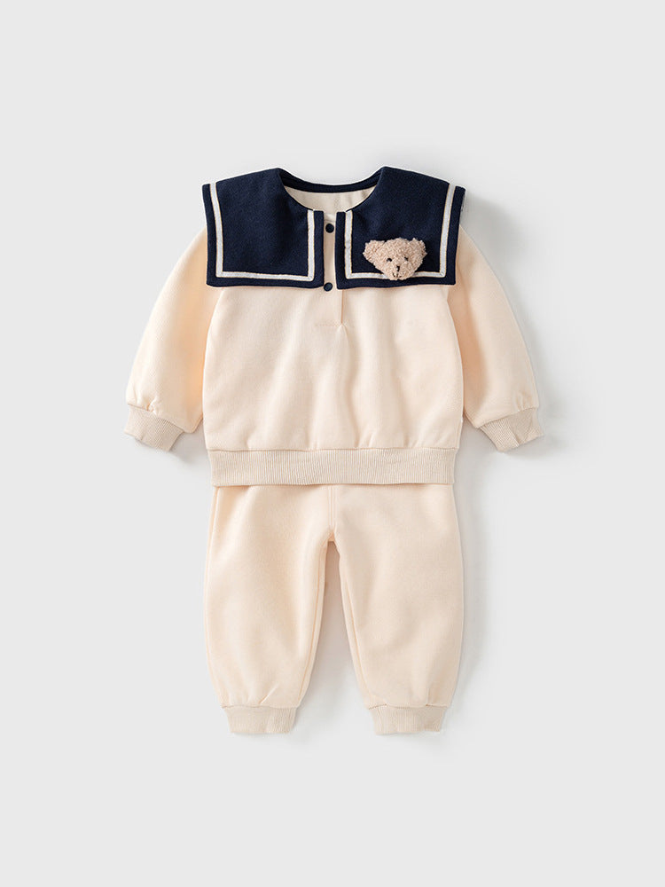 Autumn Sailor Collar Hoodie Combo Trousers Clothing Sets in beige, featuring a sailor collar and cartoon pattern, suitable for boys and girls.