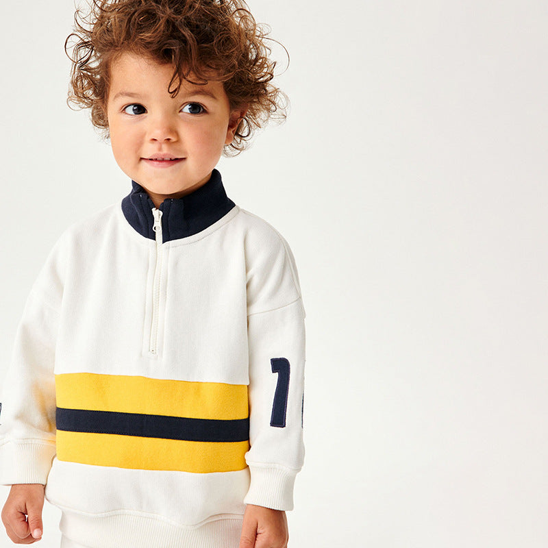 Autumn Western Style Long Sleeve Soft Cotton Set in white with patchwork design, suitable for baby boys and boys.