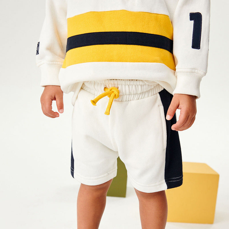 Autumn Western Style Long Sleeve Soft Cotton Set in white with patchwork design, suitable for baby boys and boys.