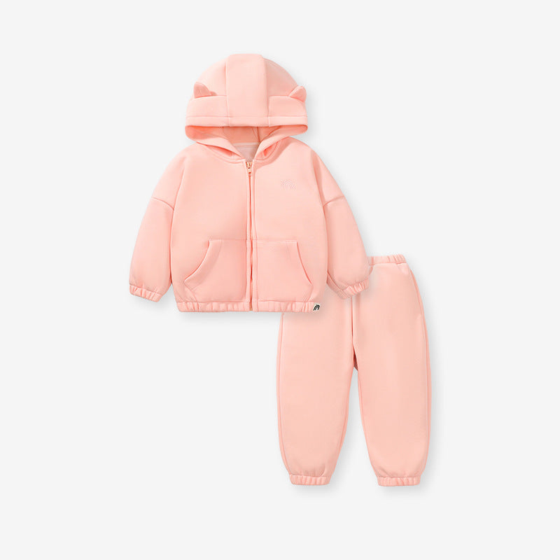 A cozy pink hoodie for baby girls, featuring long sleeves and a solid color design, perfect for autumn and winter wear.