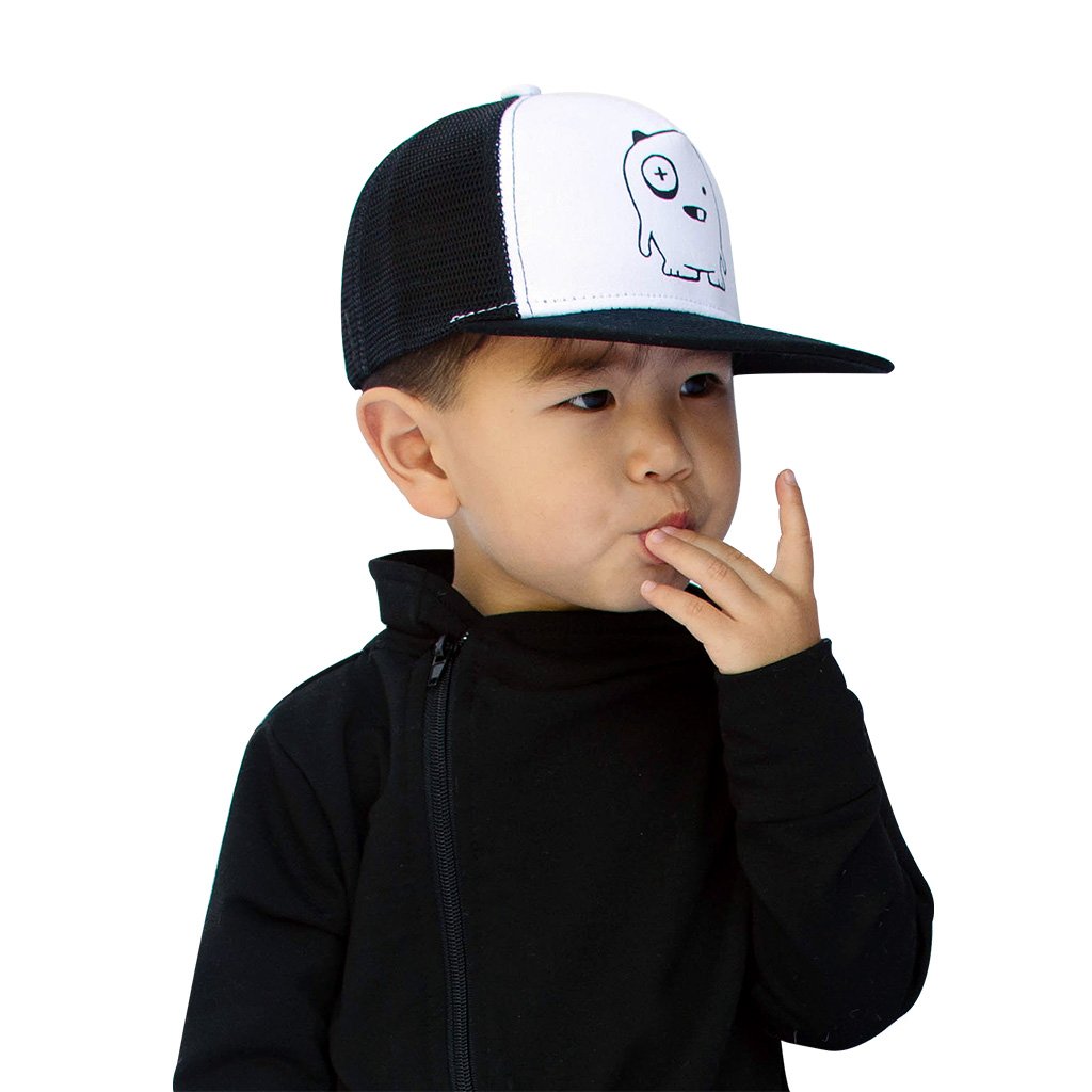 Babu Snapback Trucker Cap featuring adjustable snapback, mesh and cotton fabric, suitable for ages 1-5 years.