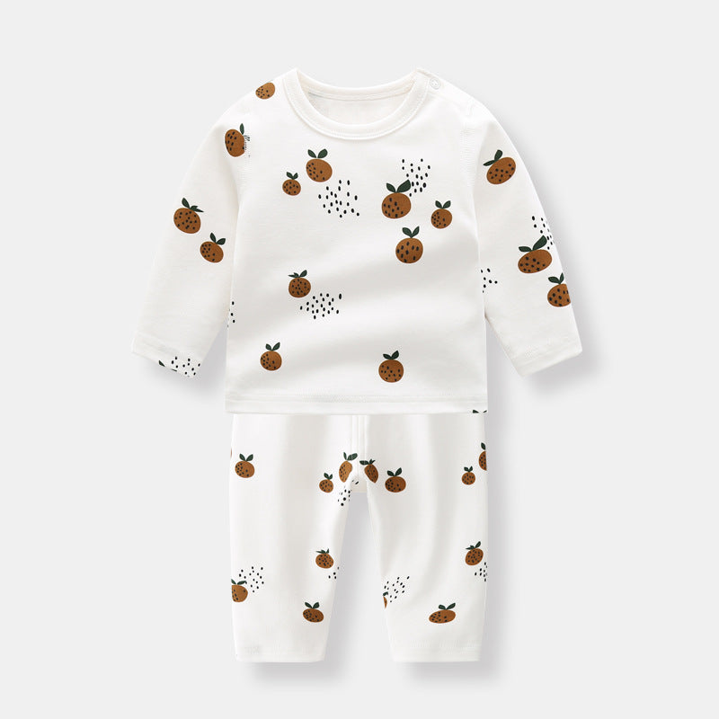 Baby 1pcs set featuring long sleeve shirt and trousers with an allover fruit graphic design, available in white, blue, and brown colors.