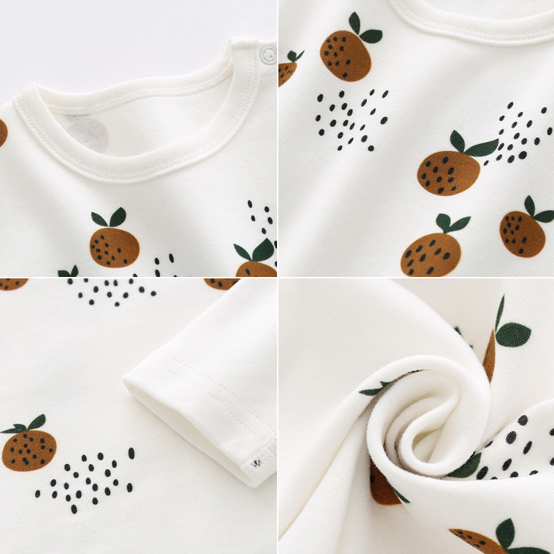 Baby 1pcs set featuring long sleeve shirt and trousers with an allover fruit graphic design, available in white, blue, and brown colors.