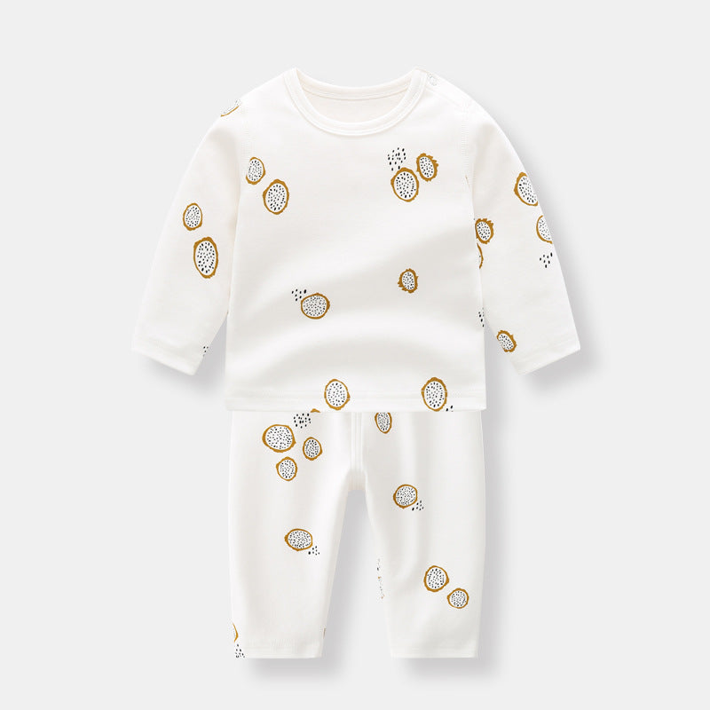 Baby 1pcs set featuring long sleeve shirt and trousers with an allover fruit graphic design, available in white, blue, and brown colors.