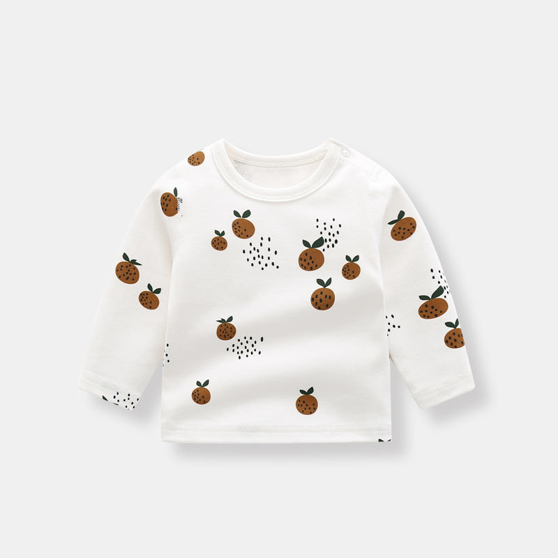 Baby 1pcs set featuring long sleeve shirt and trousers with an allover fruit graphic design, available in white, blue, and brown colors.