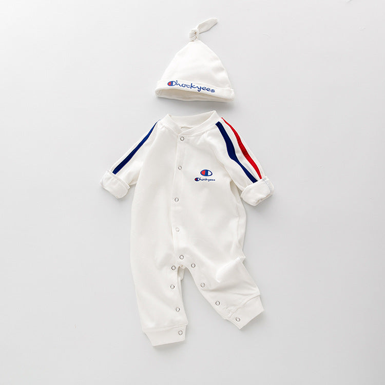 Adorable baby romper jumpsuit in solid colors with contrast tape design, made from pure cotton, suitable for both baby girls and boys.