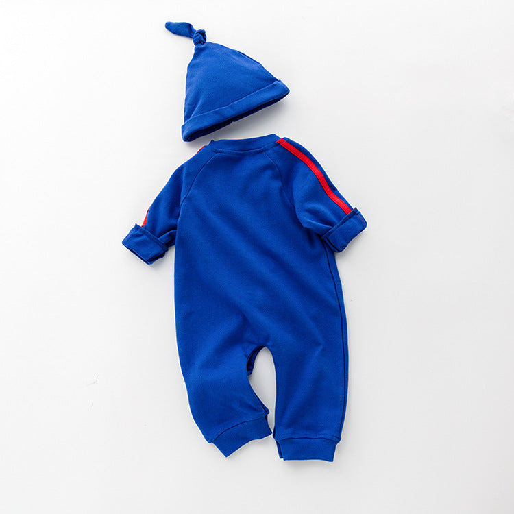 Adorable baby romper jumpsuit in solid colors with contrast tape design, made from pure cotton, suitable for both baby girls and boys.