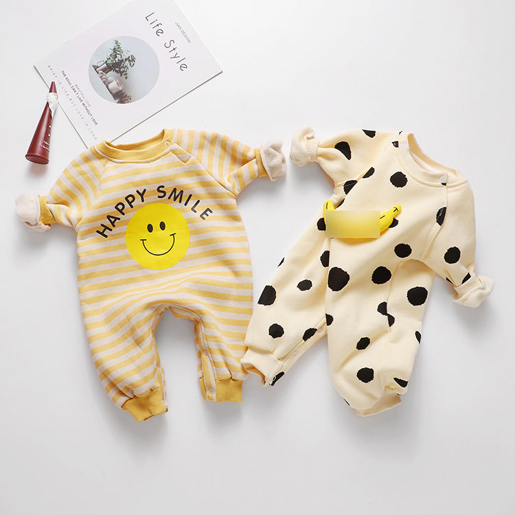 Baby long sleeved romper jumpsuit featuring striped and polka dot patterns in yellow and light yellow colors, perfect for infants.