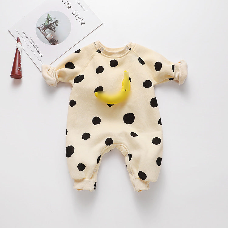 Baby long sleeved romper jumpsuit featuring striped and polka dot patterns in yellow and light yellow colors, perfect for infants.