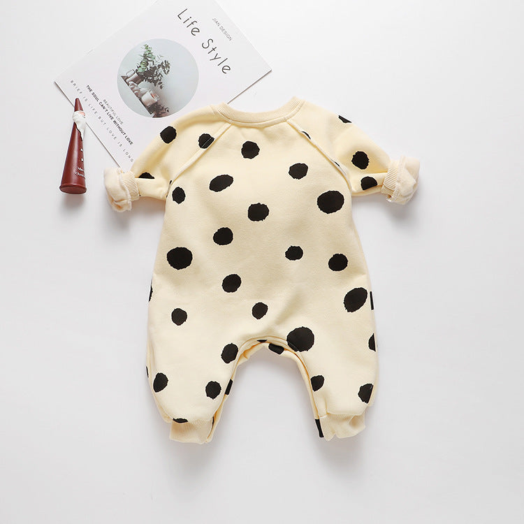 Baby long sleeved romper jumpsuit featuring striped and polka dot patterns in yellow and light yellow colors, perfect for infants.