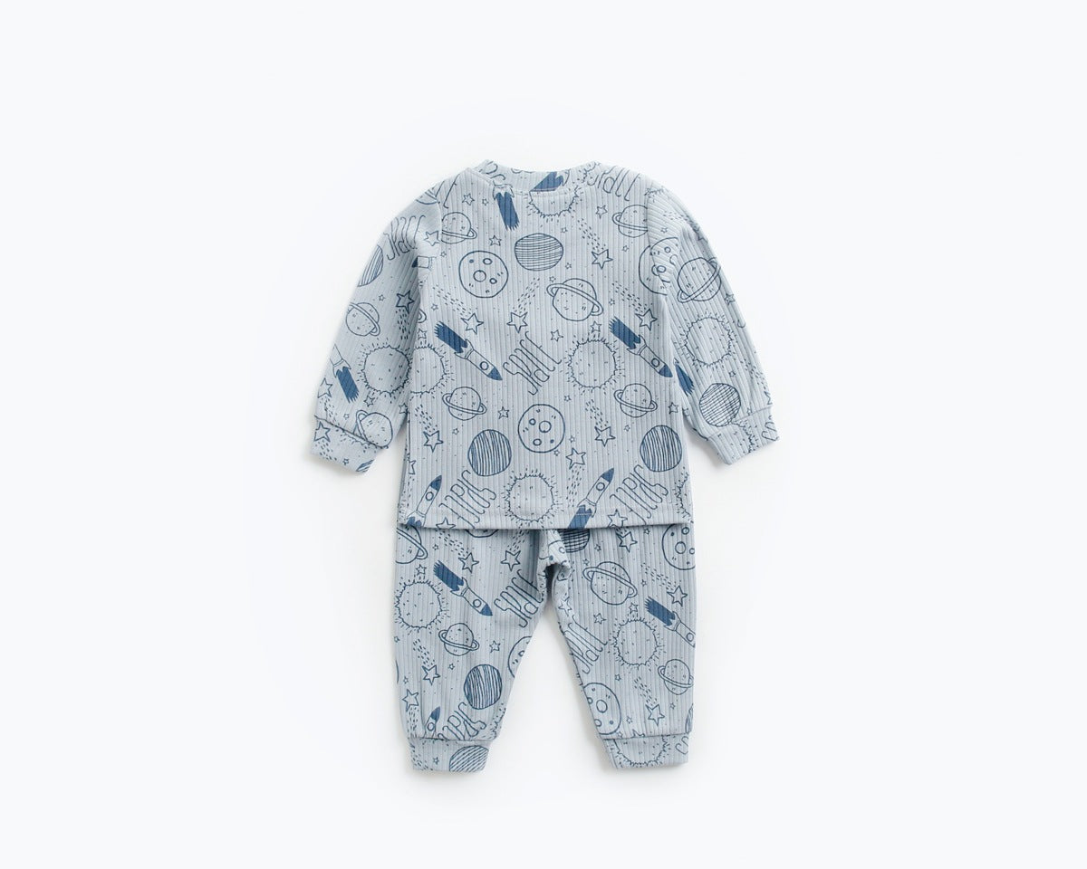 Baby 2pcs cartoon graphic soft cotton shirt combo pants set in blue, featuring playful designs suitable for boys and girls.