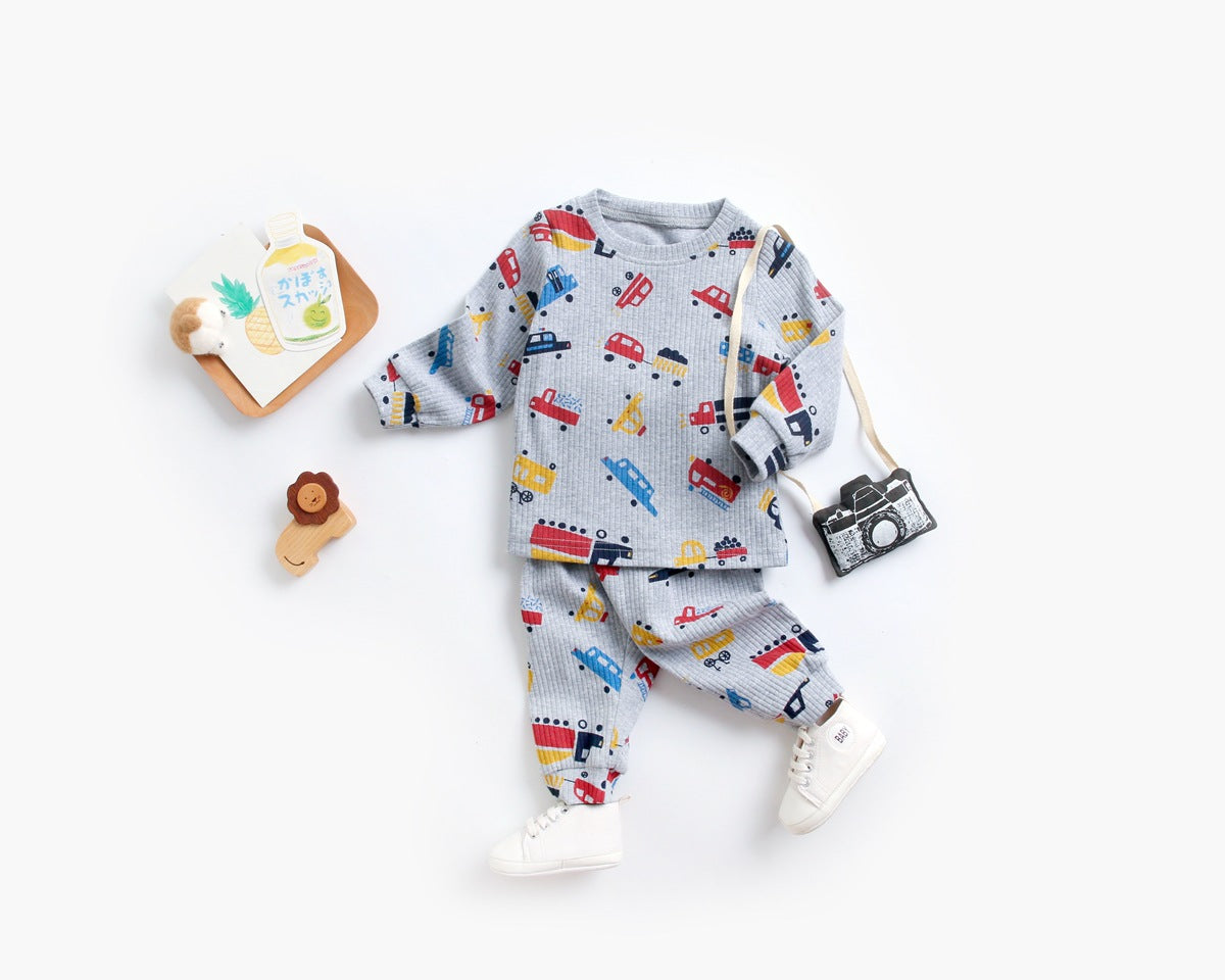 Baby 2pcs cartoon graphic soft cotton shirt combo pants set in blue, featuring playful designs suitable for boys and girls.