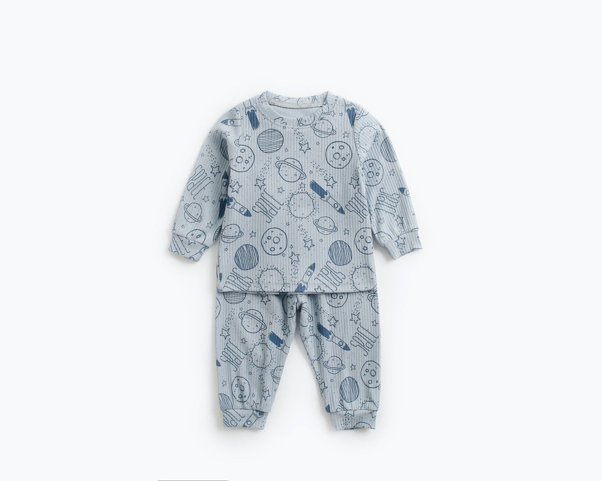 Baby 2pcs cartoon graphic soft cotton shirt combo pants set in blue, featuring playful designs suitable for boys and girls.