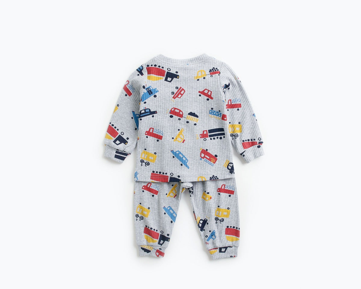 Baby 2pcs cartoon graphic soft cotton shirt combo pants set in blue, featuring playful designs suitable for boys and girls.