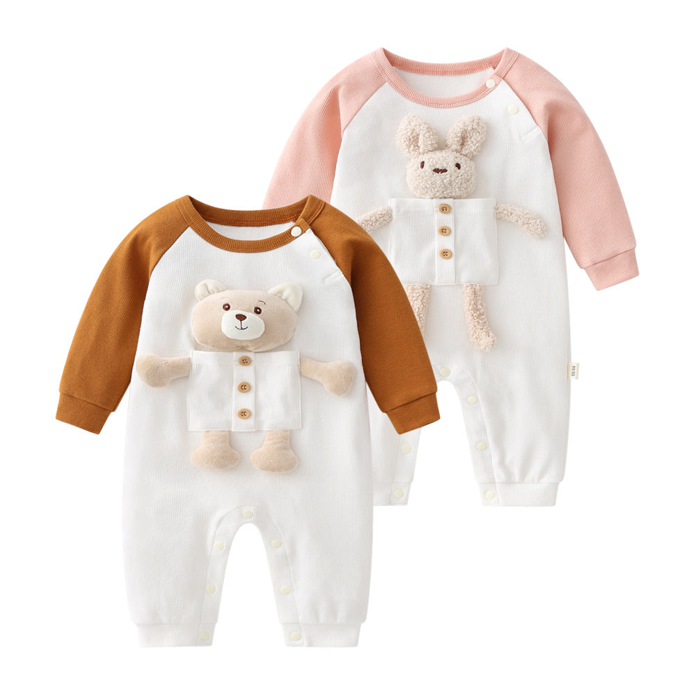 Baby long-sleeved romper featuring 3D cartoon animal patchwork design in pink and coffee colors, perfect for infants.