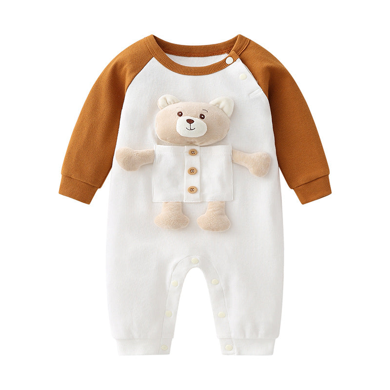 Baby long-sleeved romper featuring 3D cartoon animal patchwork design in pink and coffee colors, perfect for infants.