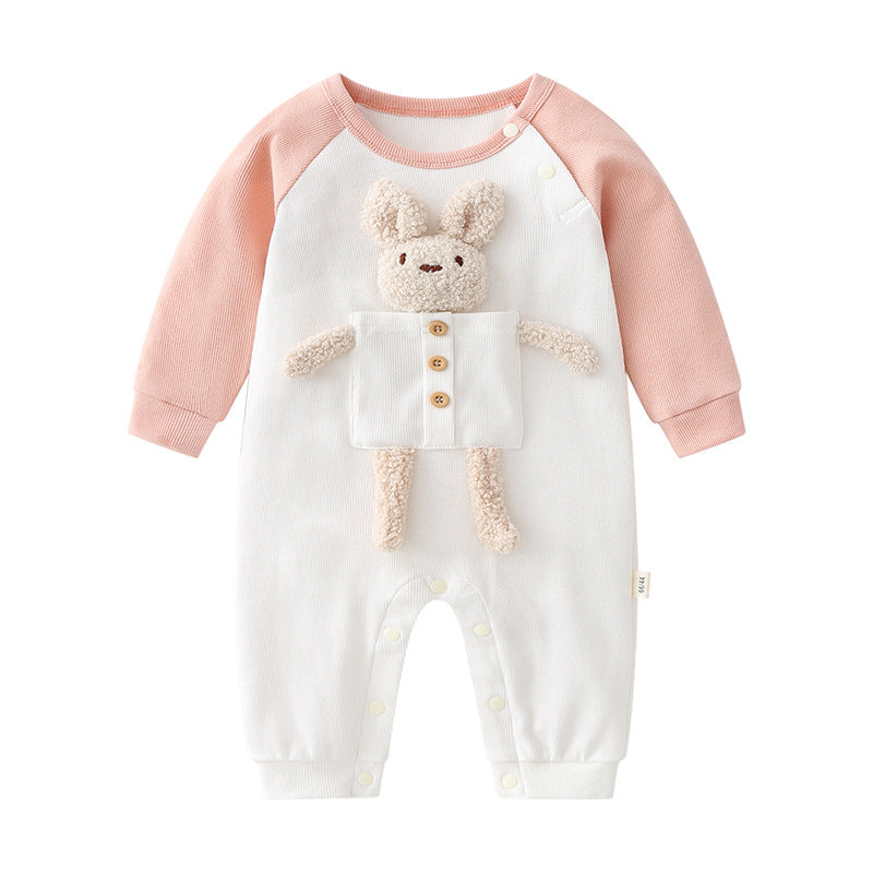 Baby long-sleeved romper featuring 3D cartoon animal patchwork design in pink and coffee colors, perfect for infants.