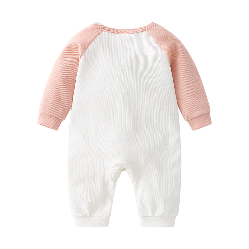 Baby long-sleeved romper featuring 3D cartoon animal patchwork design in pink and coffee colors, perfect for infants.