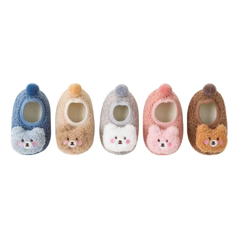 Baby 3D Cartoon Bear Patched Pattern Non-Slip Warm Shoes in various colors, featuring a cute bear design and non-slip sole.