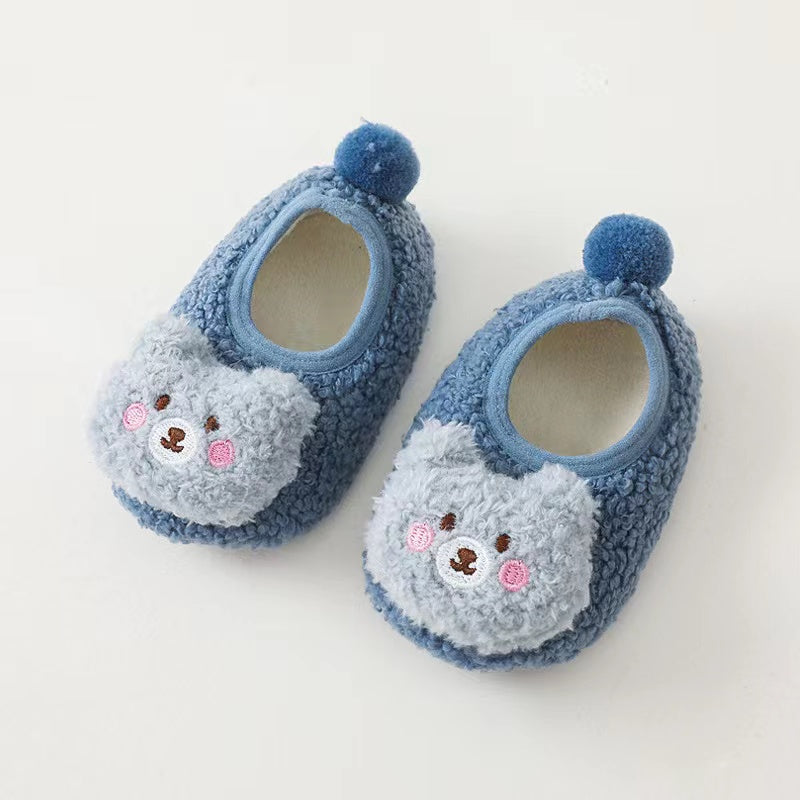 Baby 3D Cartoon Bear Patched Pattern Non-Slip Warm Shoes in various colors, featuring a cute bear design and non-slip sole.