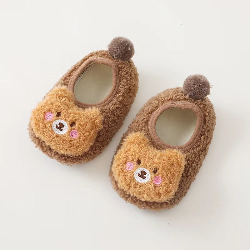 Baby 3D Cartoon Bear Patched Pattern Non-Slip Warm Shoes in various colors, featuring a cute bear design and non-slip sole.