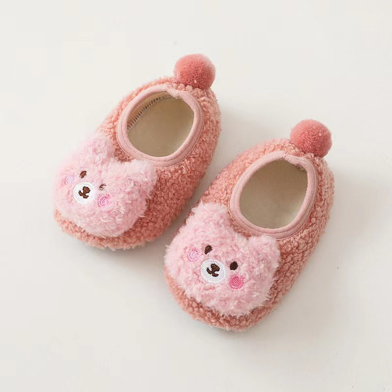 Baby 3D Cartoon Bear Patched Pattern Non-Slip Warm Shoes in various colors, featuring a cute bear design and non-slip sole.