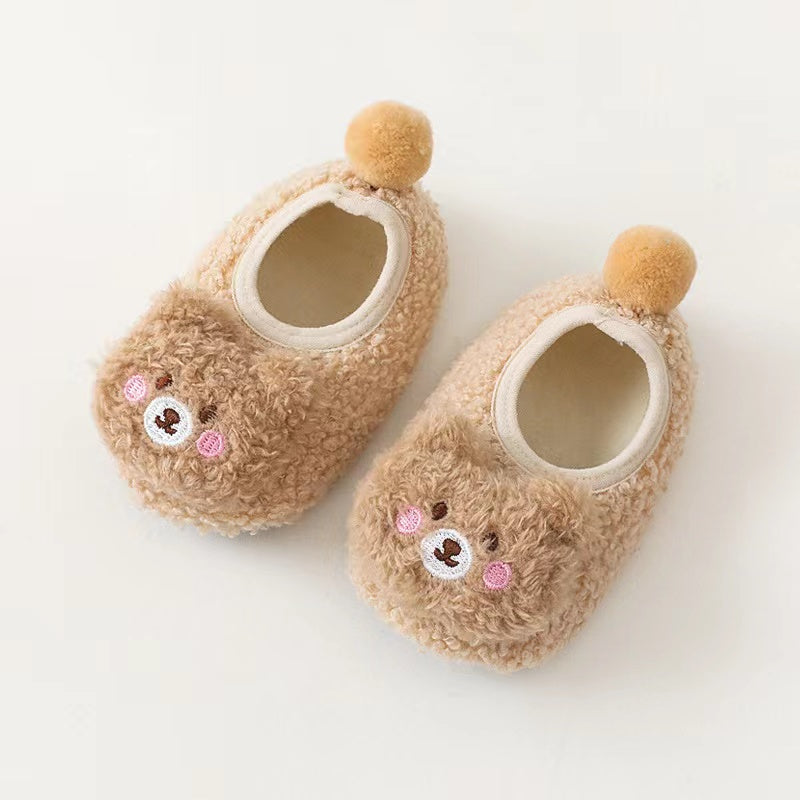 Baby 3D Cartoon Bear Patched Pattern Non-Slip Warm Shoes in various colors, featuring a cute bear design and non-slip sole.