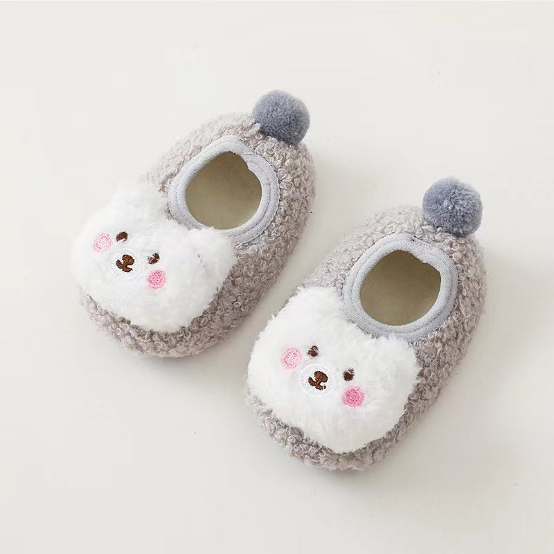 Baby 3D Cartoon Bear Patched Pattern Non-Slip Warm Shoes in various colors, featuring a cute bear design and non-slip sole.