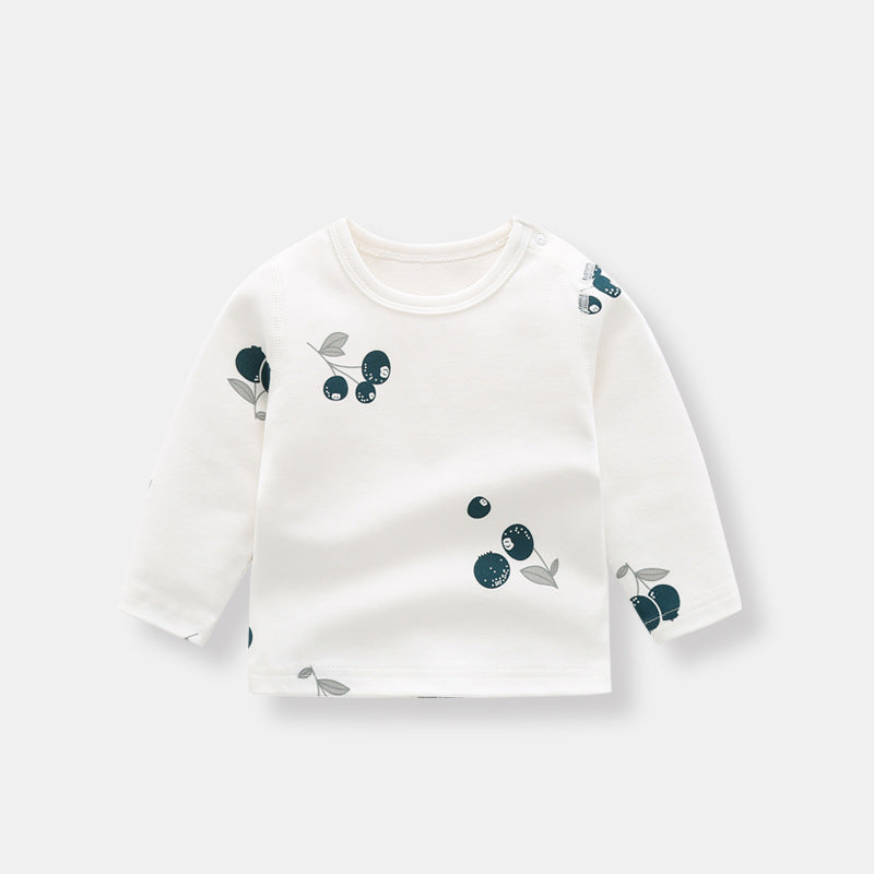 Baby Allover Fruit Graphic top made of 100% organic cotton with side snap buttons, featuring colorful fruit designs.