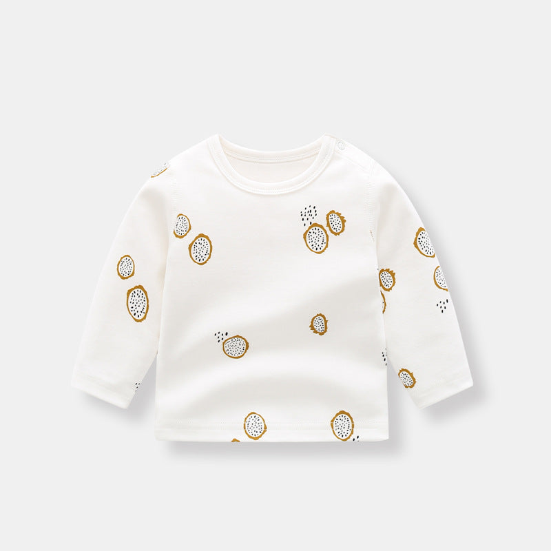 Baby Allover Fruit Graphic top made of 100% organic cotton with side snap buttons, featuring colorful fruit designs.