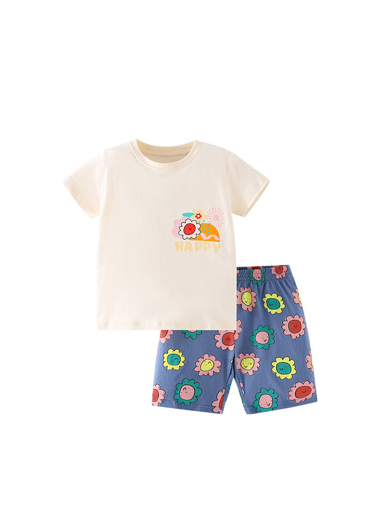 Baby and kids cartoon short sleeves top and shorts set in white and yellow colors, featuring playful cartoon patterns, perfect for summer wear.