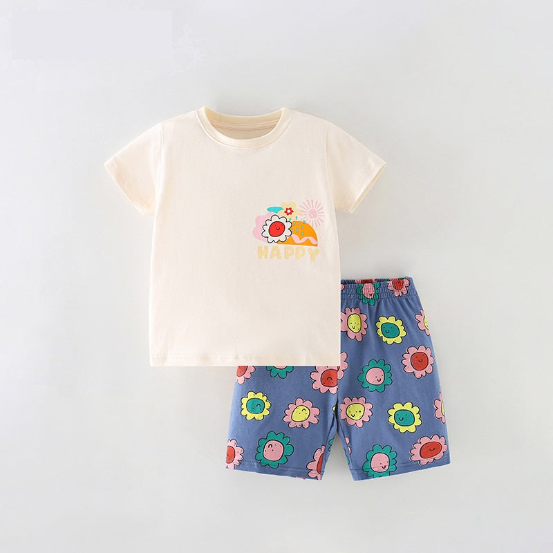 Baby and kids cartoon short sleeves top and shorts set in white and yellow colors, featuring playful cartoon patterns, perfect for summer wear.