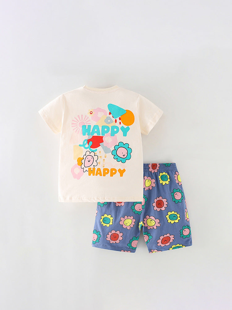 Baby and kids cartoon short sleeves top and shorts set in white and yellow colors, featuring playful cartoon patterns, perfect for summer wear.