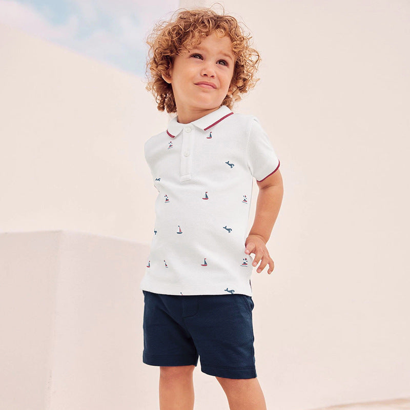 Baby and Kids Boys Polo Top and Shorts Casual Clothing Set in white and pink with cartoon pattern, perfect for summer wear.