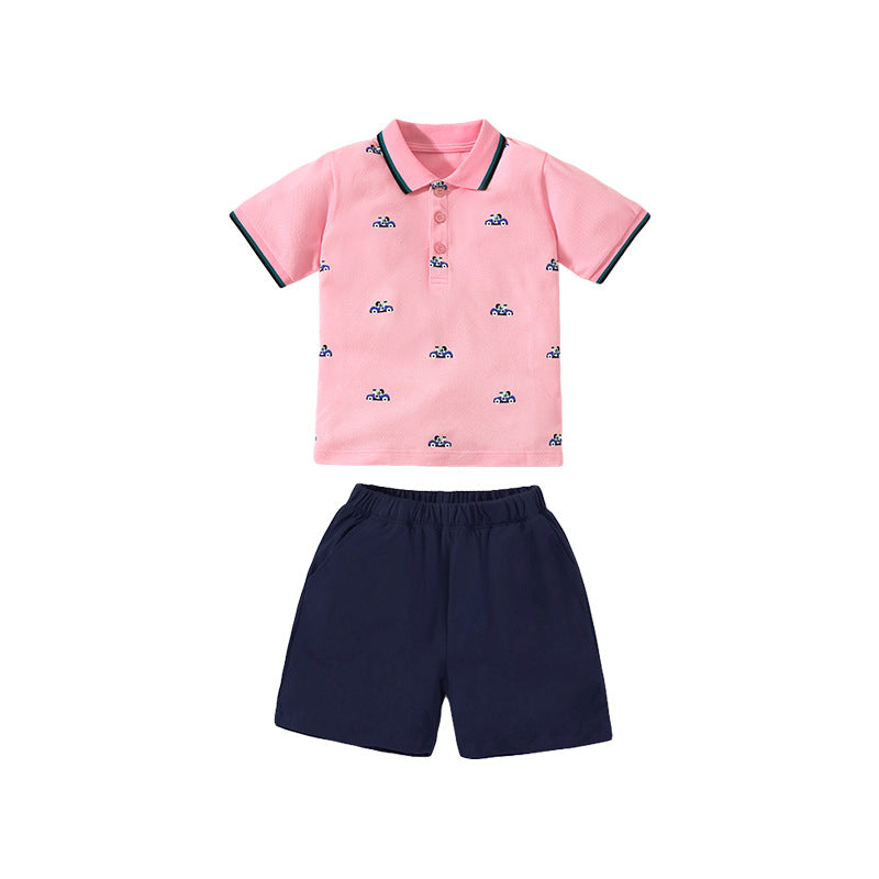 Baby and Kids Boys Polo Top and Shorts Casual Clothing Set in white and pink with cartoon pattern, perfect for summer wear.