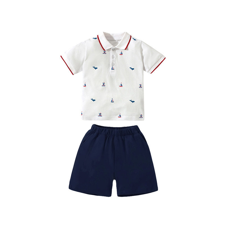 Baby and Kids Boys Polo Top and Shorts Casual Clothing Set in white and pink with cartoon pattern, perfect for summer wear.