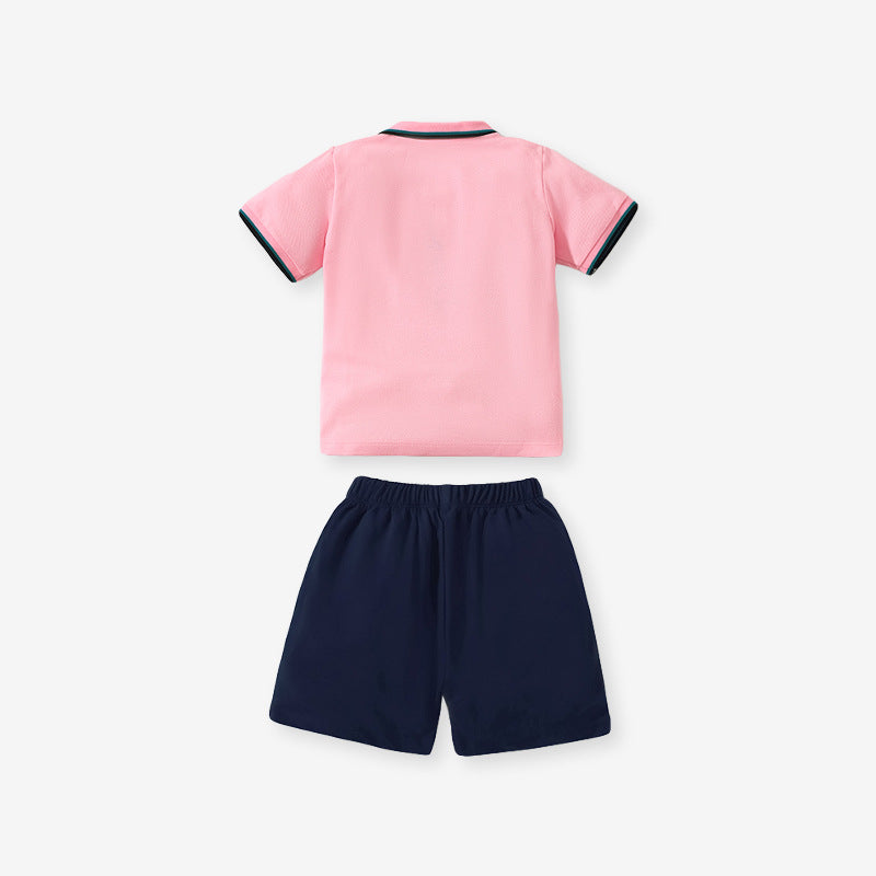 Baby and Kids Boys Polo Top and Shorts Casual Clothing Set in white and pink with cartoon pattern, perfect for summer wear.